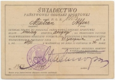 Rok 1935. Świadectwo Państwowej Odznaki Sportowej