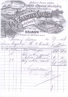 Rok 1904. Faktura Pierwszej Kęckiej Fabryki Wyrobów Wełnianych Edwarda Zajączka