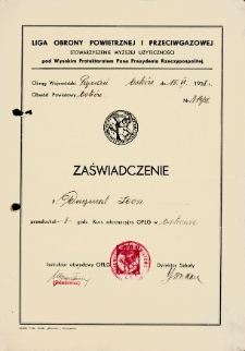 1938. Zaświadczenie ukończenia kursu Ligi Obrony Powietrznej i Przeciwgazowej