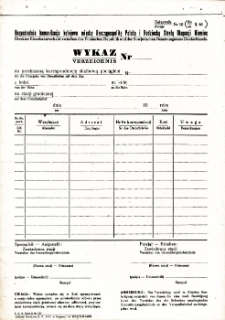 Lata 40. Druk kolejowy. Bezpośrednia komunikacja kolejowa między Rzecząpospolitą Polską i Radziecką Strefą Okupacji Niemiec. Wykaz na przekazaną korespondencję służbową.