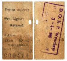 1946. Bilet kolejowy Lignica - Kaławsk
