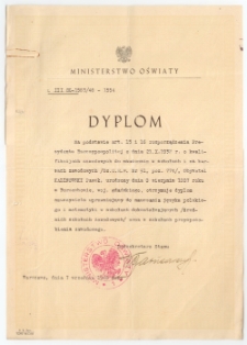7.09.1948. Dyplom nauczycielski Pawła Kalinowskiego