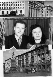 Zofia i Jan Kriwelowie po zwolnieniu z łagru. Fotomontaż zdjęcia portretowego i zdjęć budynków, które jako więźniarka budowała Zofia Kriwel.