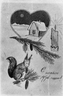Narysowana kartka pocztowa z napisem "S nowym godom 1954".