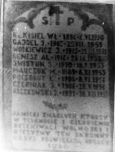 Pomnik postawiony pamięci Polak&oacute;w, zmarłych w łagrach w Dżezkazganie. Na tablicy nazwiska 9 os&oacute;b.