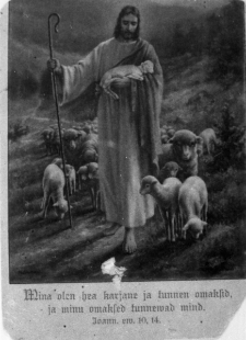 Poczt&oacute;wka wielkanocna znaleziona przy zabitym w czasie masakry więźni&oacute;w w obozie kopalni 29, na odwrocie tekst w języku estońskim, na dole ślad po kuli.