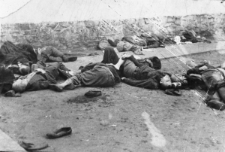 Dziedziniec więzienia w Samborze. Więźniowie pomordowani podczas ewakuacji więzienia przez NKWD przed wkraczającą armią niemiecką. Fotografia otrzymana przez Wł. Stadena od jego ojca, któremu udało się przeżyć masakrę (zmarł w 1977 roku w Gliwicach). Fotografie wykonał nieznany fotograf samborski.