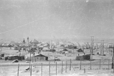 Krajobraz okolic Workuty, na pierwszym planie ogrodzenie z drutu.