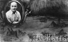 Montaż fotograficzny - pamiątka z "zapolaria" (owalny portret mężczyzny wmontowany w rysunek kopalni i zaprzęgu reniferów).