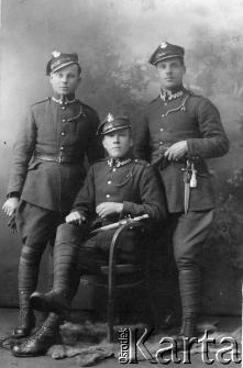 Portret trzech wojskowych na tle malowanego widoczku.