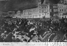 Rysunek-poczt&oacute;wka, przedstawiający szarżę kozacką przeciwko manifestacji patriotycznej w Warszawie. Pod rysunkiem podpis: "Dnia 4/XI 1906 r. Serdeczne ukłony F.K.".