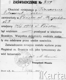 Zaświadczenie o pobycie w więzieniu brzeskim, 1941.