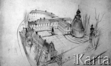 Rysunek budowli - pałacu, na dole widnieje data "5-4/44" - projekt wykonany przez inżyniera Zbigniewa Wzorka podczas pobytu na zsyłce w Namanganie.
