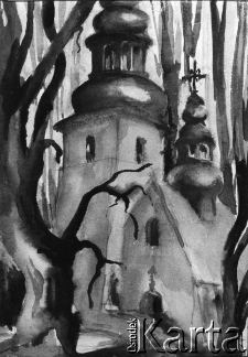 Obrazek namalowany farbami - cerkiew wśród drzew, prawdopodobnie jest to praca wykonana przez Zygmunta Wzorka podczas pobytu na zsyłce w Namanganie.
