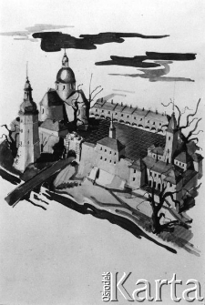 Obrazek namalowany farbami - cerkiew wśród drzew, prawdopodobnie jest to praca wykonana przez Zygmunta Wzorka podczas pobytu na zsyłce w Namanganie.