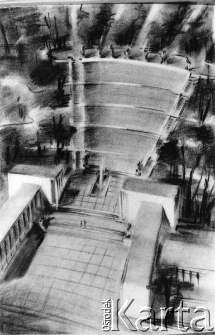 Rysunek inżyniera Zygmunta Wzorka - fragment projektu stadionu, w prawym dolnym rogu data: "11.01.49".