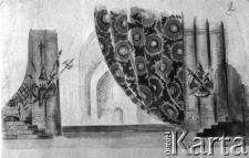 Wnętrze pałacu urządzonego w stylu orientalnym - obrazek namalowany farbami przez Anielę lub Zygmunta Wzorków.