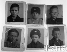 Portrety chłopców z Polskiego Domu Dziecka w Zagorsku. Od prawej u góry: Marian Chamelec (19.01.1944), Julian Niewiadomski (28.02.1944), NN; od prawej u dołu: NN (kobieta, 1943, Moskwa), Konrad (nazwisko nieznane, 19.01.1944), Józef Szajnow (2.02.1944).