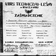 Zaświadczenie Kazimierza Gniewka o ukończeniu Kursu Techniczno-Leśnego w obozie w Riazaniu.