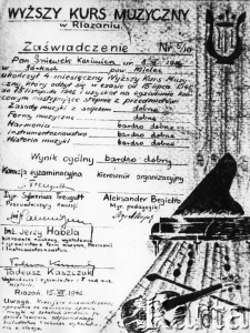 Zaświadczenie Kazimierza Gniewka o ukończeniu Wyższego Kursu Muzycznego w obozie w Riazaniu.