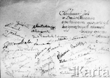Karta ze zbiorową dedykacją dla Juli w dniu imienin od "grupy lwowskiej" z obozu w Riazaniu (nieczytelne podpisy wielu osób).