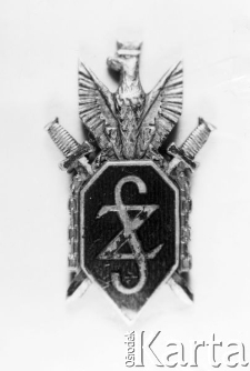Przedwojenny znak Związku Sybiraków, po 1928 r., w polu splecione litery ZS, dwa skrzyżowane miecze i łańcuchy, na górze orzeł w koronie.