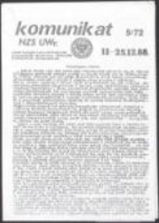 Komunikat NZS UWr. Pismo Zarządu Uniwersyteckiego Niezależnego Zrzeszenia Student&oacute;w Uniwersytetu Wrocławskiego, nr 5(72)